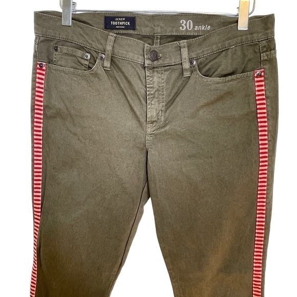 J. Crew Toothpick Olive Green Five Pocket Jeans Red/White Side Stripes Size 30 - Picture 7 of 12